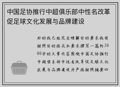 中国足协推行中超俱乐部中性名改革促足球文化发展与品牌建设